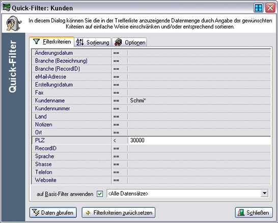 Quickfilter am Beispiel: Kunde