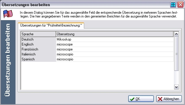 Übersetzungen pflegen am Beispiel: Prüfmittel